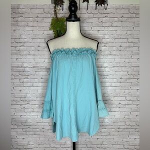 NWT Gretty Zueger Aquifer Light Blue Ruffle Neckline Off Shoulder Blouse